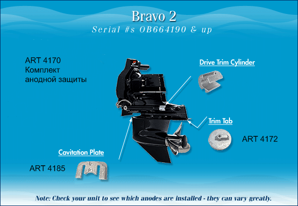 Места для установки анодных протекторов на моторе MerCruiser Bravo II + III